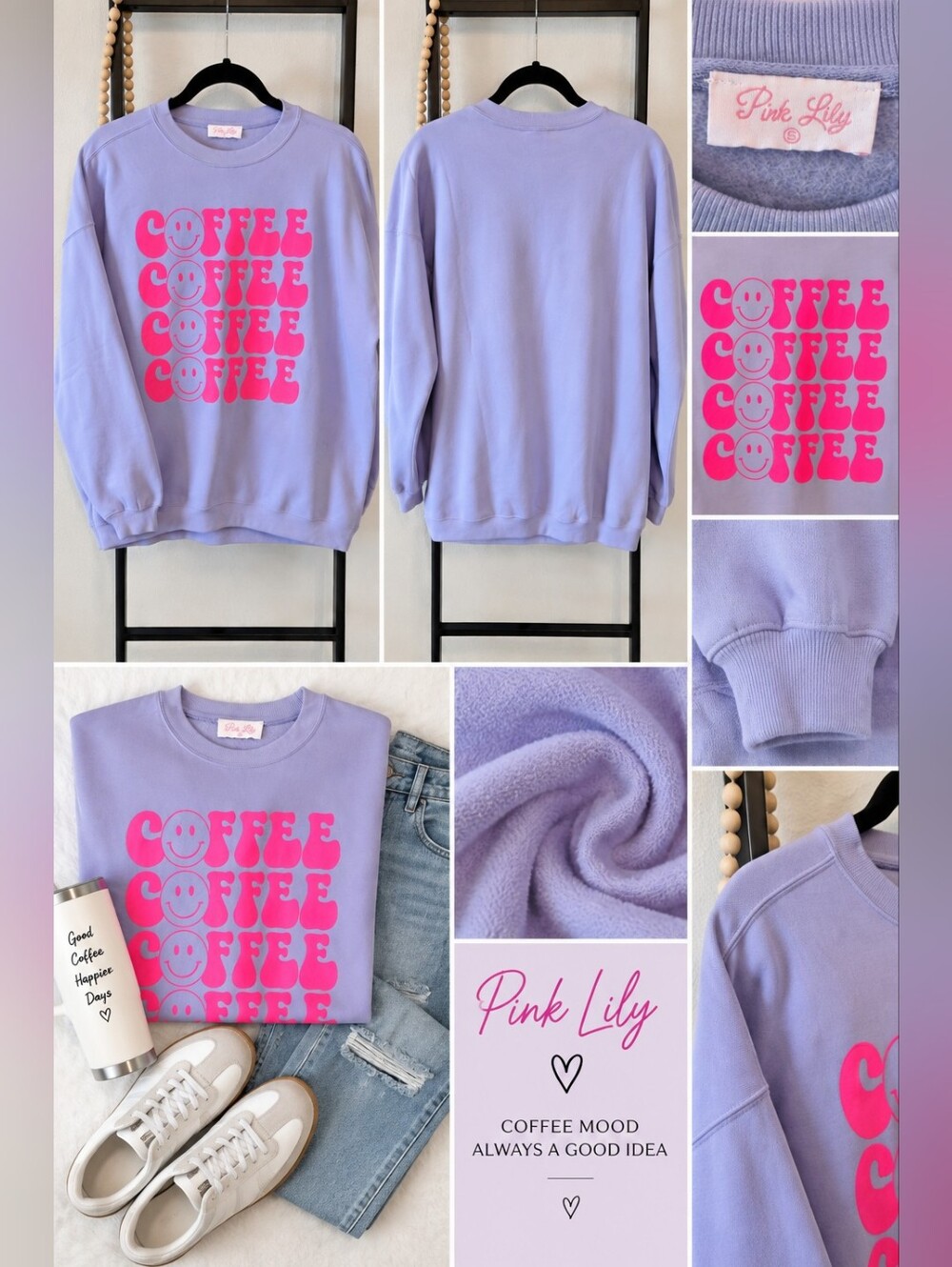 Pink Lily Coffee Graphic Oversized Sweatshirt – Size Small